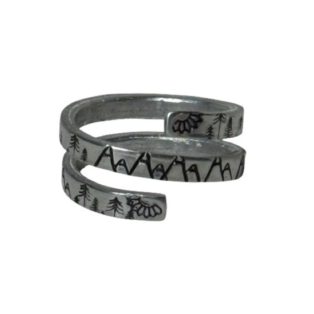 Handmade stamped Mountain design silver tone hypoallergenic adjustable wrap Ring
